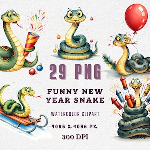 Funny New Year Snake clipart, Funny Lunar New Year 2025, Year Of The Snake, Chinese Zodiac Animal PNG, Printable, Watercolor Premium Quality