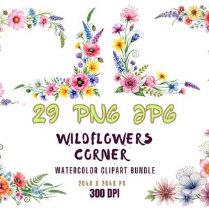 Wild flower corner Clipart set PNG JPG Super Bundle personal and commercial use Watercolor floral borders Wildflower wedding invitation
