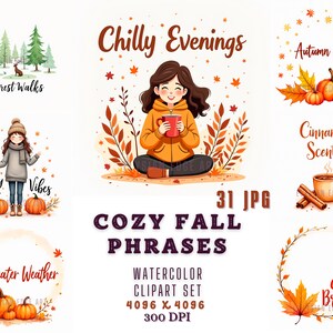 Conjunto de frases aconchegantes de outono e clipart em aquarela, citações e frases de outono, inscrição de outono, pacote digital de sentimentos de outono, imagens de cartão JPGs