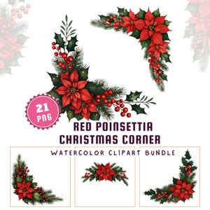 Christmas Corner clipart bundle: Red poinsettia flowers Borders PNG, Watercolor, Floral Frame, digital download