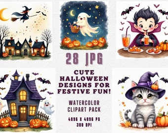 Cute Halloween Clipart Pack, Watercolor Designs for Festive Fun, Witch, Ghosts, Bats, Cute Halloween Ghost Clipart, Cute spider, Mixed Media