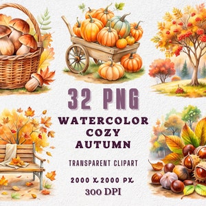Aquarel gezellige herfst png, pompoenen aquarel herfst clipart bundel, herfst vibes, herfst aquarel clipart png, porcini paddestoel, kastanjes