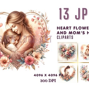 ハートの花とお母さんのハグ、母の日おめでとうクリップアート バンドル、水彩画の母の日 JPG、母の日 jpg、デジタル ダウンロード