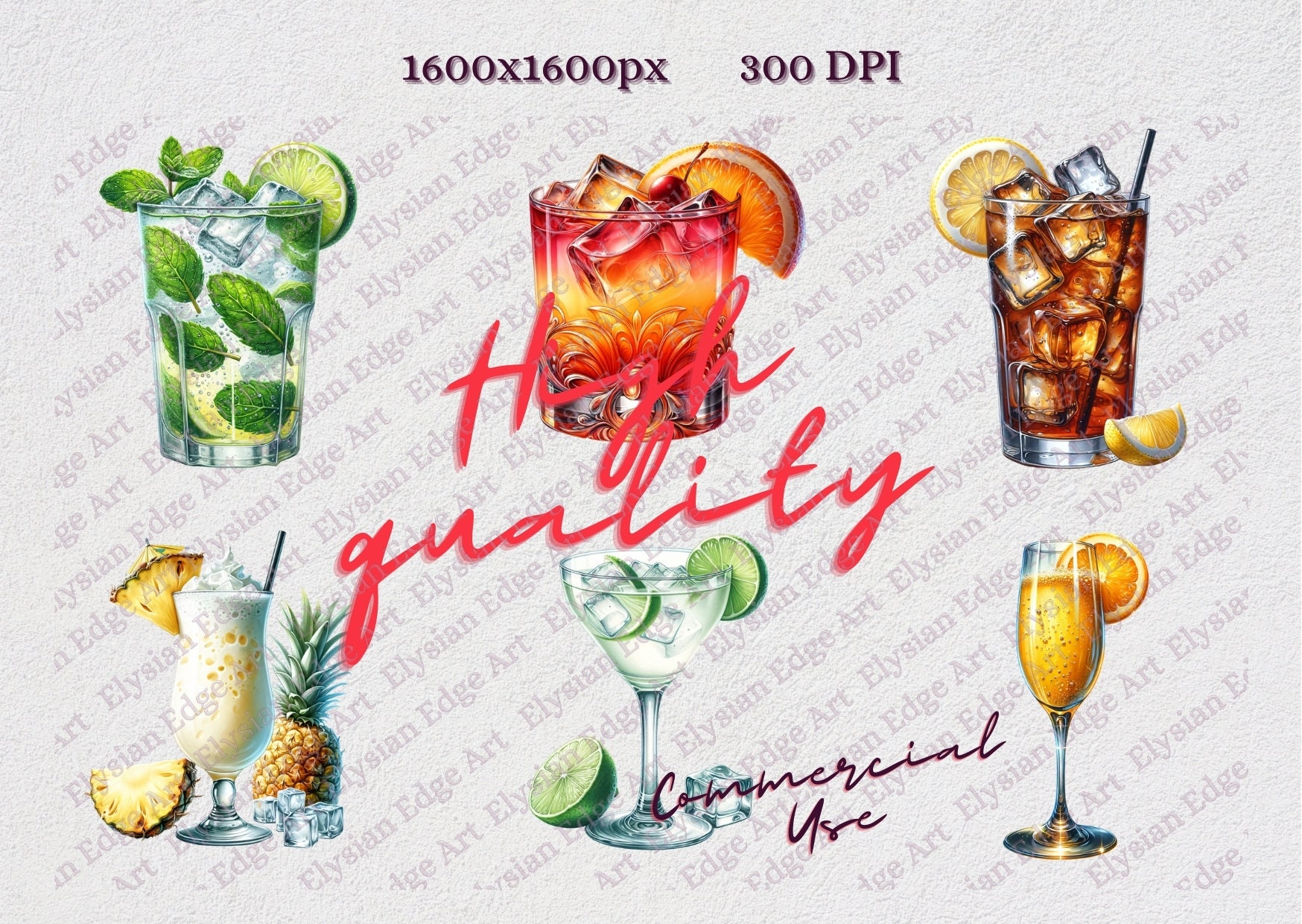 Summer Cocktail Clipart, Watercolor Tropical Summer Cocktail Drinks ...