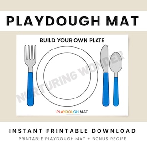 Puede incluir: Una plantilla imprimible para plastilina con un plato, tenedor, cuchillo y cuchara. Los utensilios tienen mangos azules. Se muestra el texto "PLAYDOUGH MAT" y "BUILD YOUR OWN PLATE". Descarga instantánea con receta de bonificación.