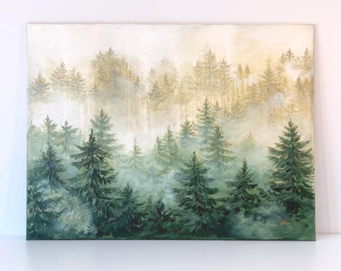 Large Forest Painting 48x36, Original Acrylic Landscape on Canvas, Misty Pine Forest Wall Art, Green Nature Home Decor
