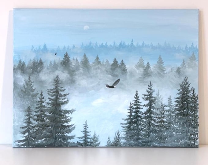 Misty Forest Acrylic Painting – Nature Wall Art, Blue Landscape