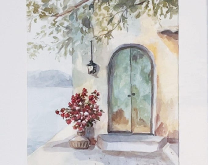 Mediterranean Door Watercolor, Original Framed Painting 11x14, Coastal Wall Art, Arched Green Door