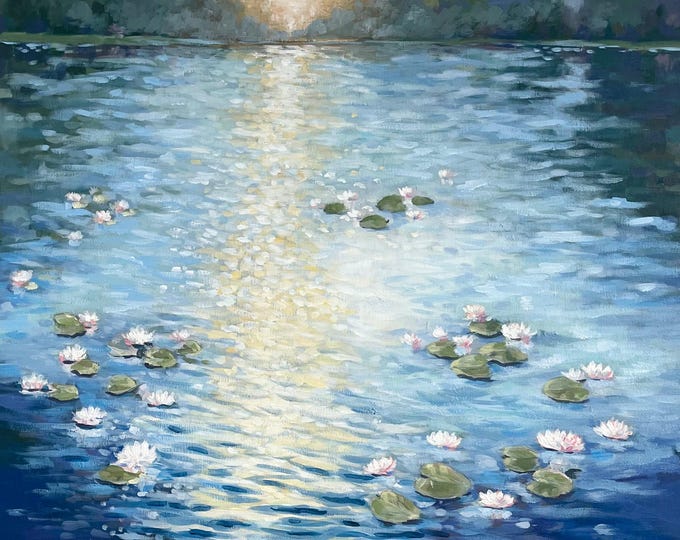 Original Acrylic Water Lily Painting, Lake Landscape, Impressionist Wall Art, 24x30 Canvas