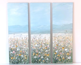 Wildblumenwiese - handgemalte Acrylkunst auf Leinwand, 30x90 cm pro Panel, insgesamt 90x90 cm