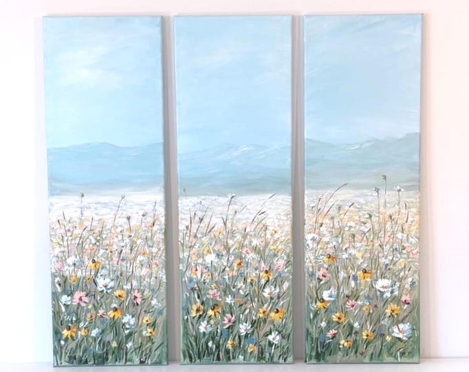 Wildflower Meadow Triptych – Hand-Painted Acrylic Art on Canvas, 12x36 inches per panel, 36x36 inches total