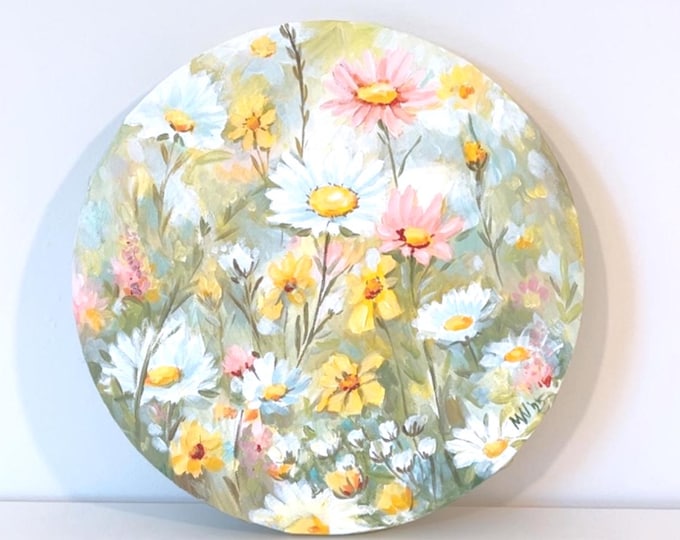 "Bright Daisy Meadow – Hand-Painted Acrylic Flower Art on Canvas, 10-inch Round, Floral Home Decor