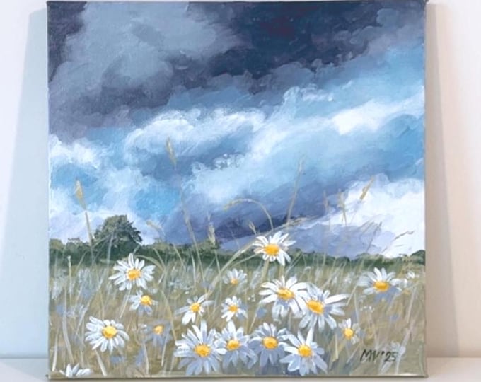 Daisy Field Painting, Original Acrylic Landscape on Canvas, Small Floral Meadow Art, Blue Sky Nature Wall Decor 10x10