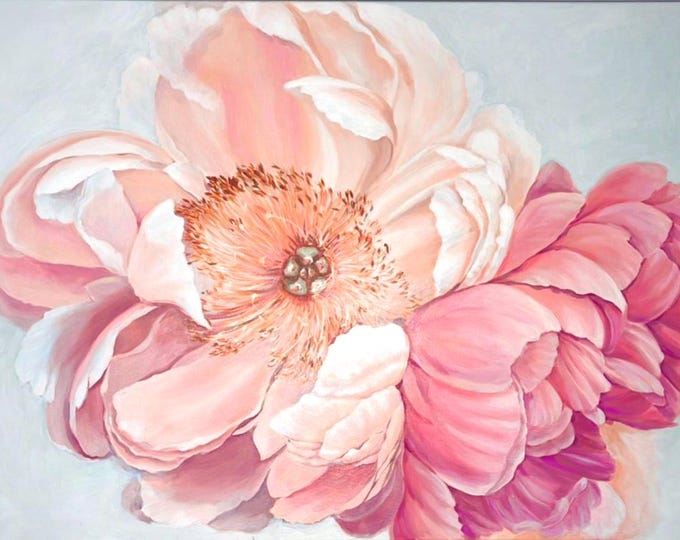 Large Pink Peony Painting: Original Floral Acrylic on Canvas, 48x36 inches
