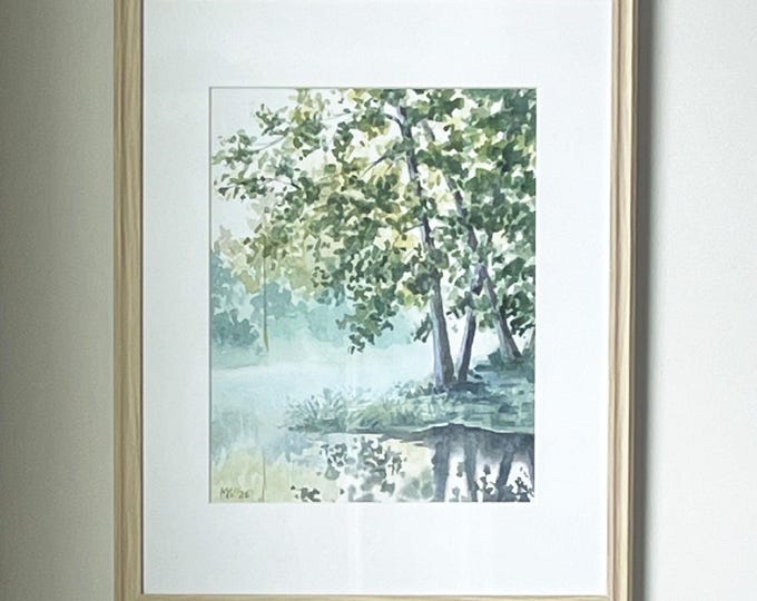 Watercolor Landscape "Misty Lakeside", Original Wall Art, Painting 8x10, Framed 11x14in.