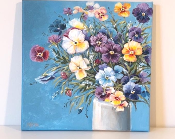 Pansies Acrylic Painting: Original Floral Canvas Art, 12x12 in
