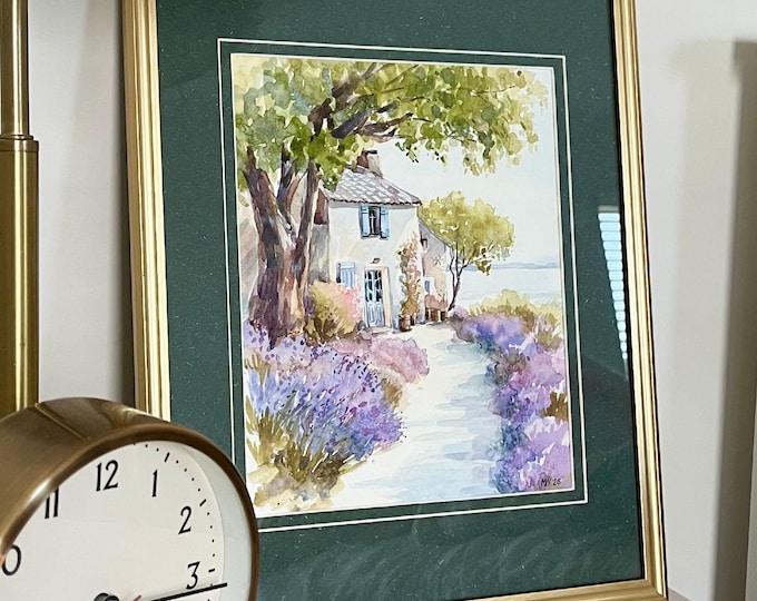 Original Watercolor  painting "Provence Cottage in Lavender" in 11x14" Frame, Artwork 8x10in.
