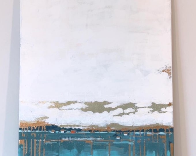 Abstract Teal and White Acrylic Painting with Gold Leaf, Minimalist Modern Wall Art on Canvas, Textured Contemporary Artwork 36x24 cm