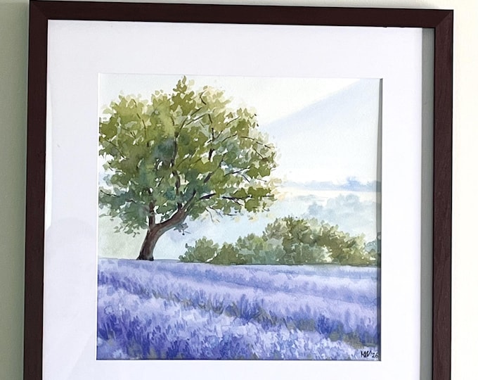 Lavender Field Watercolor Painting, Provence-Inspired Landscape Art (17x17 Inch)