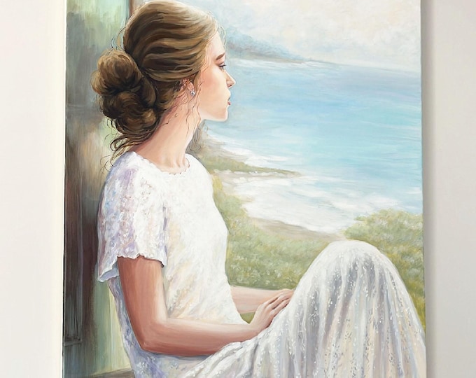 Original Acrylic Portrait Painting, Girl by the Sea, Coastal Wall Art, 30x40 Canvas