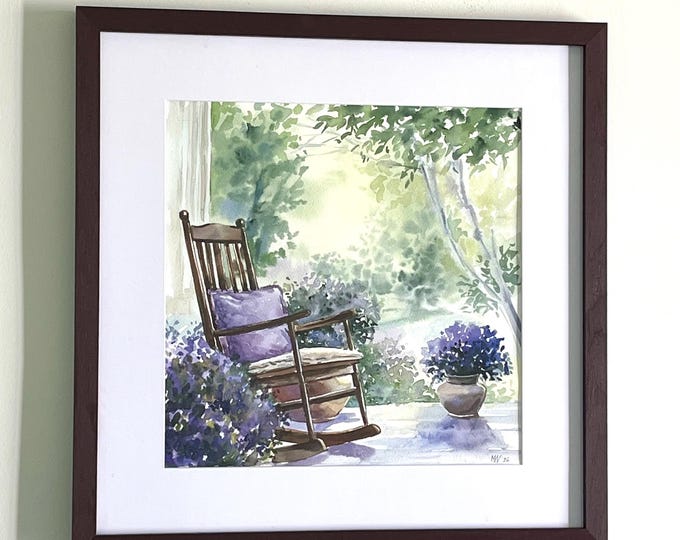 Garden Rocking Chair Watercolor – Cottage Landscape Painting (17x17 Framed)