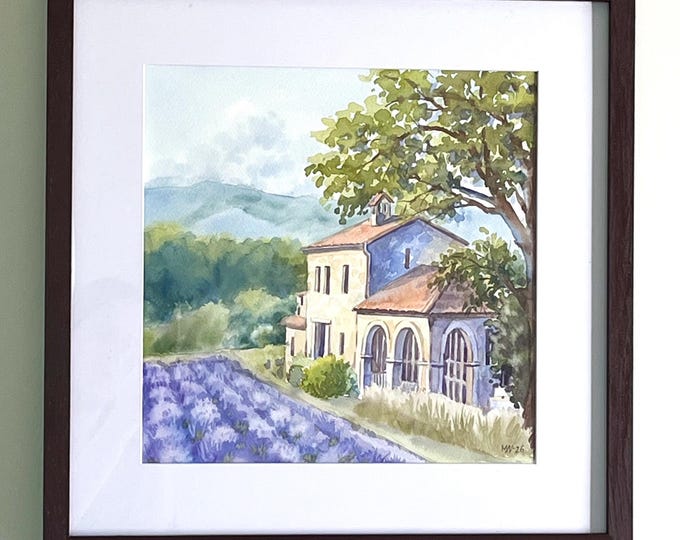 Original Watercolor Lavender Field Painting, Provence-Inspired Landscape Art (17x17 Inch)