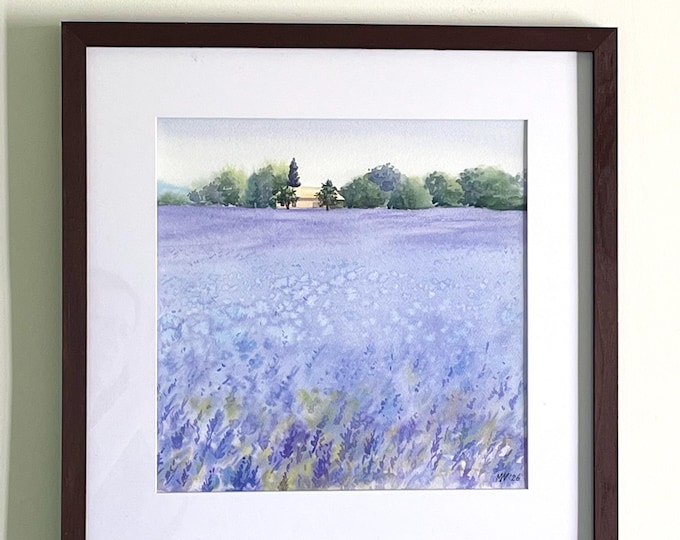 Original Watercolor Lavender Field Painting, Provence-Inspired Landscape Art (17x17 Inch)