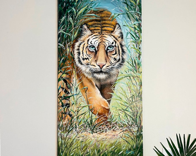 Original Tiger Acrylic Painting on Canvas: Safari Animal Wall Art (48x24 inch)