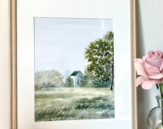 Original Watercolor Landscape Painting, Framed Country Scene, Farmhouse Wall Art (8x10)