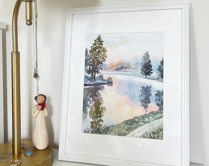 Watercolor painting "Morning Reflections", Original Wall Art Lake Landscape , Framed 11x14in, Nature Painting 10x8in.