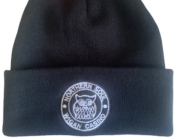 Gorro negro bordado Northern Soul Wigan Casino. Gorro retro de los años 70. Relacionado con el ska y el scooter. Baile vintage.