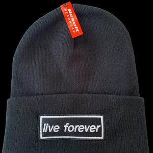 Live Forever Oasis inspired embroidered Beanie Hat. Manchester rich music, Liam, Noel. Heaton Park. Perfect Christmas Present for Oasis fans