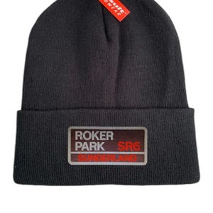 Roker Park Embroidered Black Beanie Hat. Perfect retro present for any Sunderland football fans. Black Cats, Stadium of Light