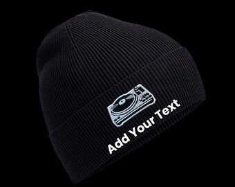 Gorro negro con diseño de tocadiscos personalizado
