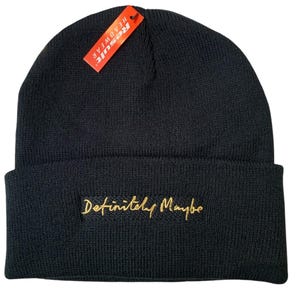 Definitely Maybe embroidered on a Black Beanie. Iconic oasis inspired. Manchester music,Rock, indie , 90s, Liam, Noel, Heaton Park influence