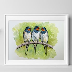 Uccelli rondini acquerellati incorniciati • Dipinto di uccelli originale • Decorazione murale naturalistica • Regalo di ornitologia • Illustrazione di fauna selvatica fatta a mano
