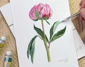 Original Watercolor Peony Painting – Botanical Flower Artwork - Floral Wall Decor