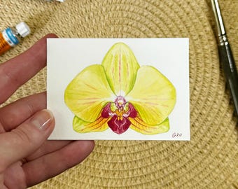Original Orchid ACEO Watercolor Painting – Mini Botanical Art – Small Flower Artwork – Floral Gift – Hand-Painted Orchid Illustration