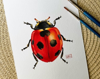 Ilustración original de mariquita en acuarela - Arte de insectos - Pintura de insectos en acuarela - Pintura única de mariquita en acuarela