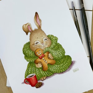 Conejito de acuarela original con hombrecito de jengibre - Conejo navideño y de Año Nuevo - Bonita decoración navideña - Ilustración navideña dibujada a mano