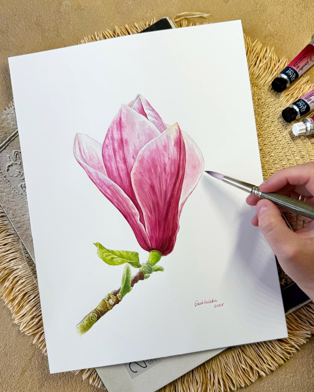 Pink Magnolia Original Watercolor Painting, Botanical Flower Wall Art ...