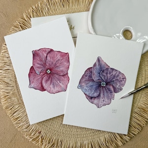 Paar Hortensie Aquarelle - Set von 2 Mini Gemälden - Botanische Blumen Wanddekor - Lila und Rosa Hortensie - Lila Rosa Blüten