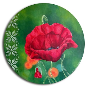 Poppy Flowers Wall Art with 3D Embroidery Texture | Floral Interior Artwork | Garden Decor | Botanical Canvas | Red Flower Textured Painting