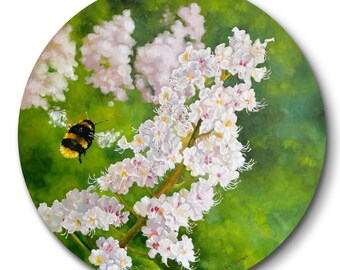 Original Oil Painting Chestnut Flower & Bee – Round Canvas - Botanical Spring Flowers Wall Art