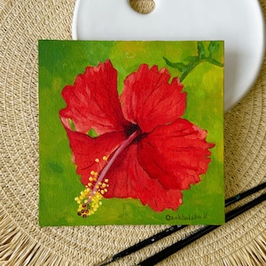 Pintura acrílica de flor de hibisco rojo - Arte floral de pared - Obra de arte botánica - Decoración del hogar hecha a mano - Arte original - Regalo para amantes de las flores