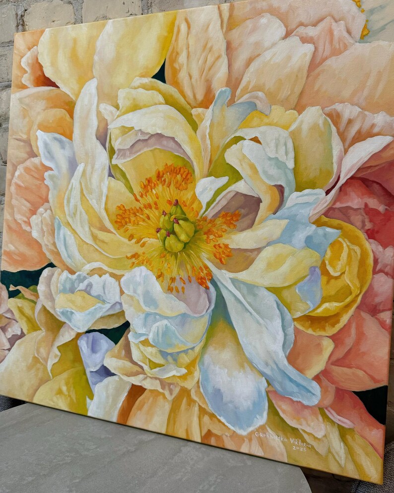 Peony art print style original oil painting for interior design