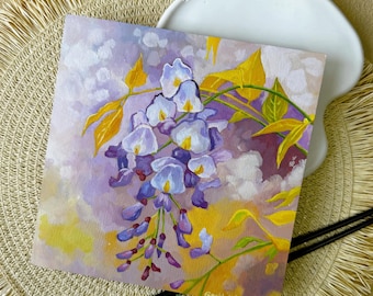 Origineel acrylschilderij blauweregenbloemen – Floral botanische muurkunst