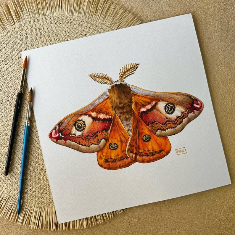 The Emperor moth watercolor art in progress, featuring the artist’s brush and palette alongside the nearly completed painting.