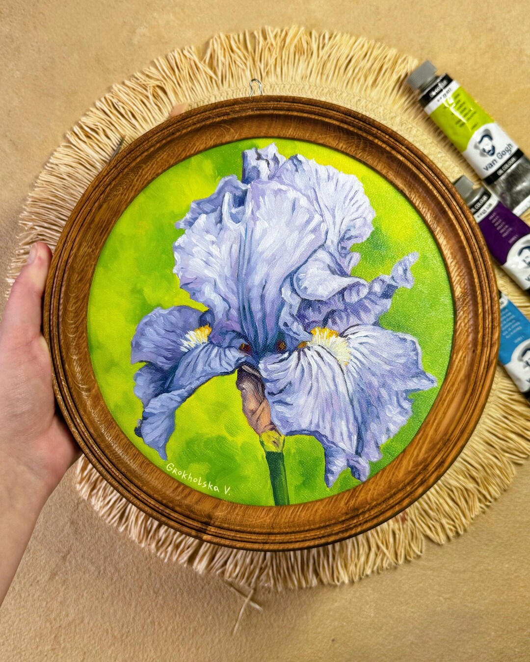 Original Iris Oil Painting in Wooden Frame | Botanical Floral Wall Art ...