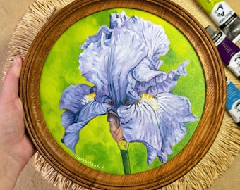Original Iris Oil Painting in Wooden Frame | Botanical Floral Wall Art - Mothers day painting